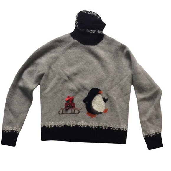 Talbots Sweaters - Talbots Turtleneck Sweater Penguin pulling a sled Gray Black Large